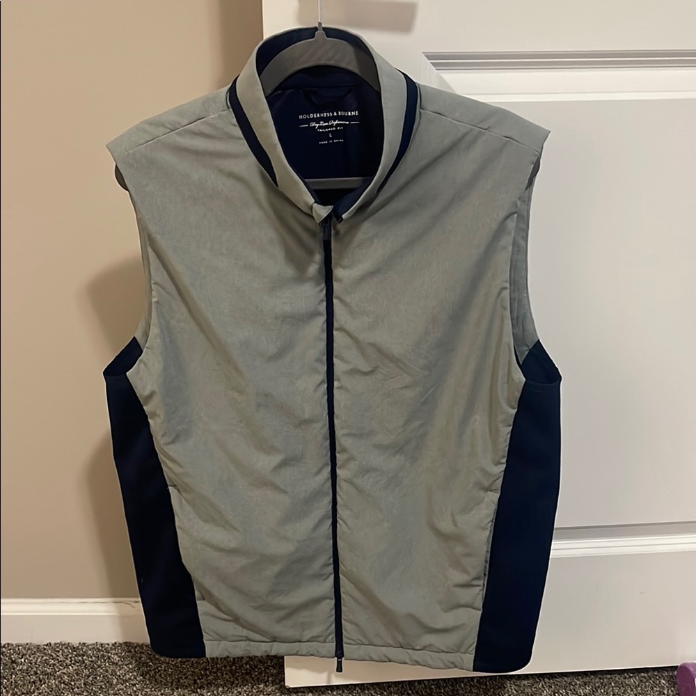 Men's Grey and Navy Sleeveless Jacket by Brooks Brothers